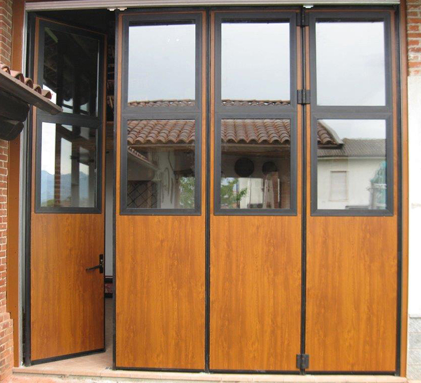 Industrial folding door in woodgrain finish