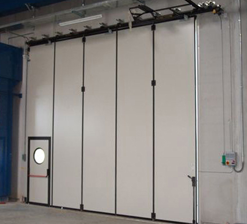 industrial folding door internal layout with wicket door